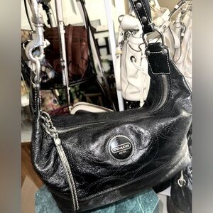 Coach Signature stitch black leather hobo F17421